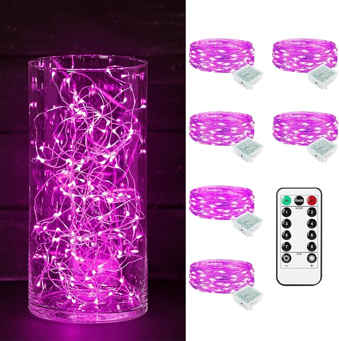 6 Pack Fairy Lights Battery Operated with Remote Timer 8 Lighting Modes,7ft 20 LED Waterproof Mini String Lights for Halloween Christmas Table Centerpieces Bedroom Decorations,Pink