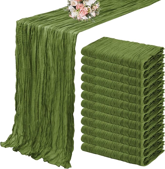 12 Pack Cheesecloth Table Runner 35 x 120 inch Long Boho Cheese Cloth Gauze Table Runners Semi Sheer Table Runner for Wedding Decor, Bridal Shower, Birthday Party (Olive Green)
