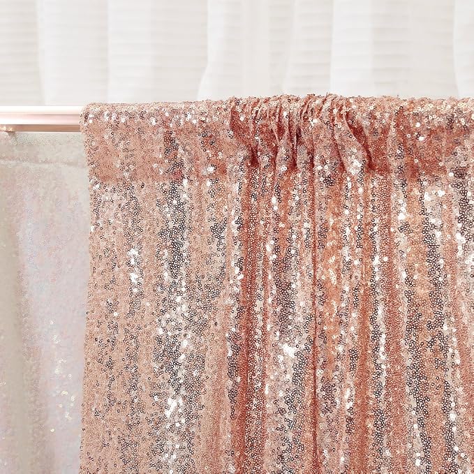 PartyDelight Rose Gold Sequin Backdrop 8x8ft 4 Inch Rod Pocket | 3mm stitched rose gold sequins on mesh backing with 4 inch rod pocket for group photos wedding walls stages and banquet focal