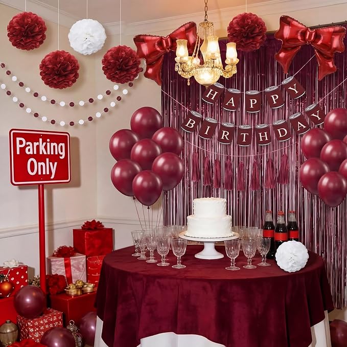 Arrowbash 33 Pcs Burgundy Maroon White Birthday Decorations Include Happy Birthday Banner, Red Tinsel Foil Backdrop, Tissue Paper Pom Poms, Circle Dots Garland, Bow Balloons, Paper Tassels
