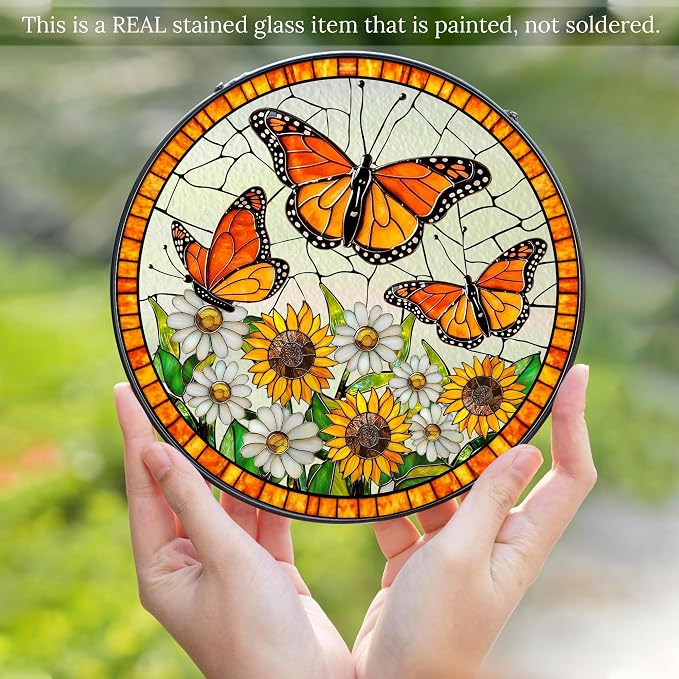 Daisy and Butterfly Stained Glass Suncatcher for Window – Monarch Butterfly Sunflower Daisy Round Sun Catcher 6x6 Inch – Gift for Butterfly Lovers Women Home Decor Hanging Decoration