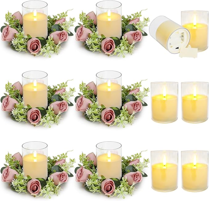 12 PCS Roses Candle Rings Wreaths - 3 Inch Artificial Floral Rings with LED Flameless Candles Eucalyptus Leaves for Spring Banquet Table Centerpieces Home Wedding Party, Dusty Pink