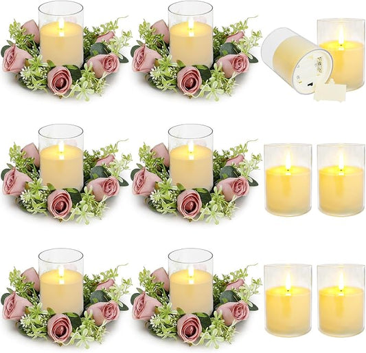 12 PCS Roses Candle Rings Wreaths - 3 Inch Artificial Floral Rings with LED Flameless Candles Eucalyptus Leaves for Spring Banquet Table Centerpieces Home Wedding Party, Dusty Pink