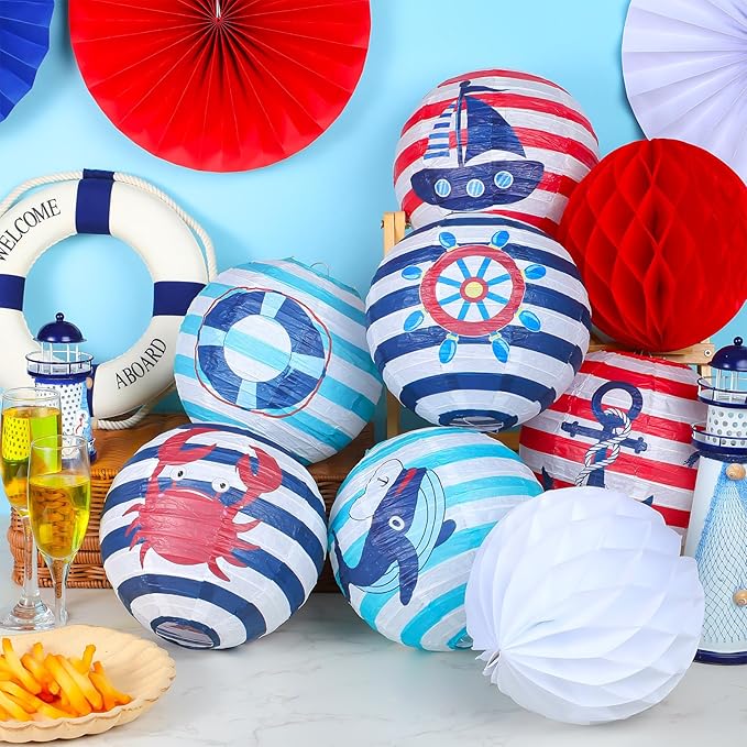 Retisee 18 Pcs Nautical Party Decoration Anchor Ship Wheel Hanging Paper Lantern Honeycomb Fans Honeycomb Ball for Boat Cruise Party Ceiling Decor Supplies