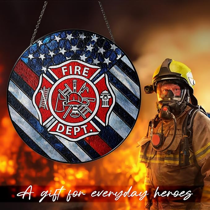 Firefighter Stained Glass Suncatcher 6x6'', Fire Academy Graduation Gift, Fire Department Decor, Firefighter Retirement Gifts, Firefighting Gifts for Men, Memorabilia Keepsake