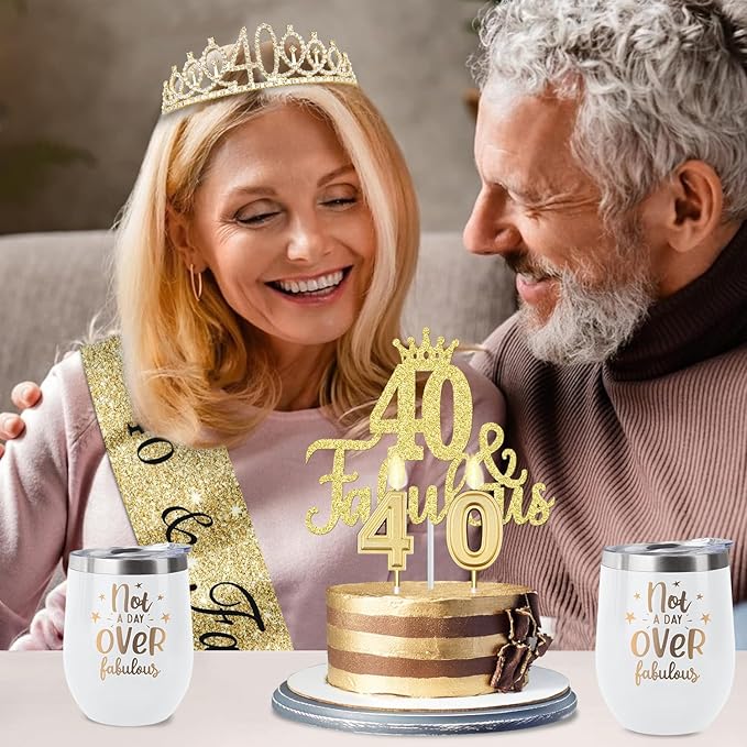 40th Birthday Gifts Women with 12oz Tumbler/Mug for Wine or Coffee, Birthday Crown, Sash, Cake Topper and Candles, 40 Year Old Decorations Gifts Idea Gold White