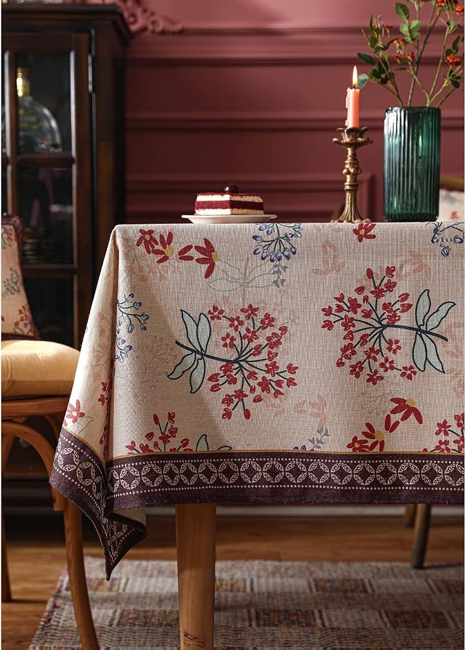 patdrea Vintage French Linen Tablecloth,Rectangular,102"x63"-NewMari | Elegant Printed Large Table Cloth for Rectangle Table,Red Floral Patterned,Dining Room Kitchen Tea Party Decoration