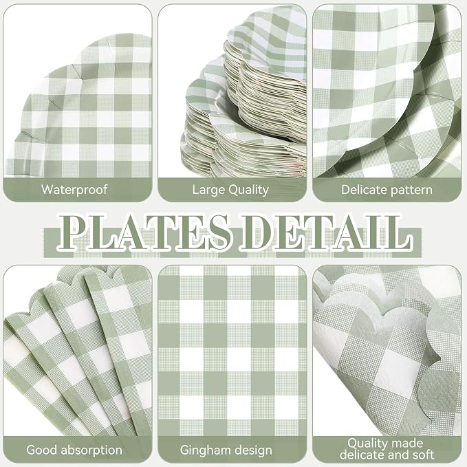 Funnymoom 452 Pcs Sage Green Gingham Party Supplies for 50 Guests, Green Gingham Paper Plates Napkins Cup Tablecloth Disposable Tableware for BBQ Picnic Birthday Baby Shower Wedding Party Decoration
