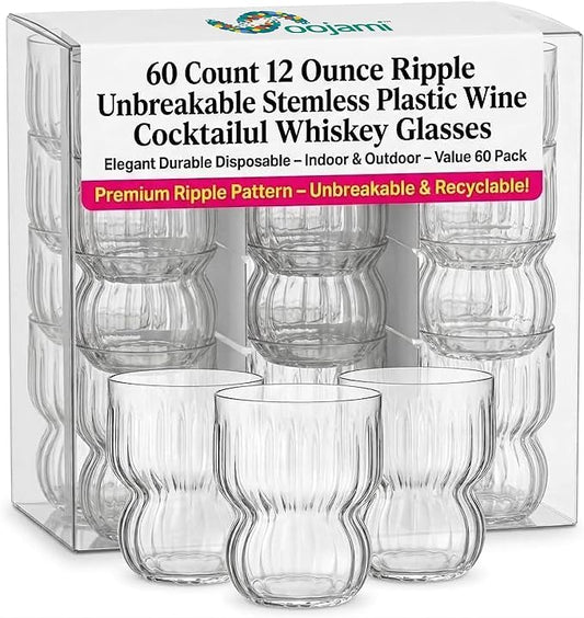 60 Count 12 Ounce ripple Unbreakable Stemless Plastic Wine Cocktail Whiskey Glasses Elegant Durable Disposable Indoor Outdoor Ideal for Home, Office, Bars, Wedding, Holiday, Celebrations, Tasting