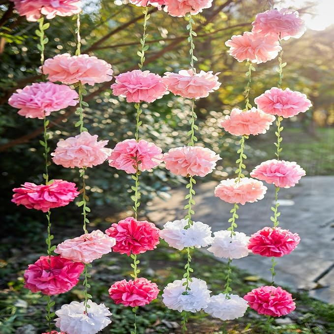 Gradient Pink Tissue Paper Pom Pom Garlands, Paper Flowers for Birthday Decorations, Baby Shower, Wedding Engagement, Bridal Shower, Spring Summer Party Decorations, 4 Pcs