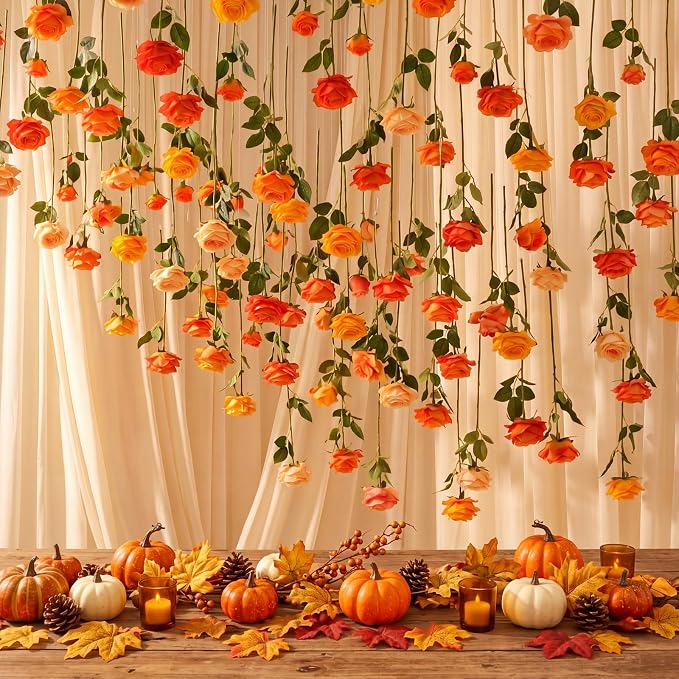Lyrow 60 Pack Burnt Orange Rose Artificial Flower Hanging Flowers Ornament Floating Garland Ceiling Rose Vine for Wedding Anniversary Engagement Marriage Proposal Floral Birthday Party Fall Decor