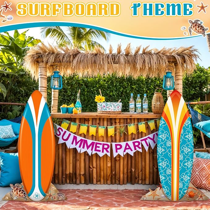 2 Pcs Summer Surfboard Prop Decoration 3.9 ft Large Surfboard Cardboard Cutout Life Size Beach Photo Booth Prop Tropical Outdoor Yard Sign for Surfing Swimming Hawaiian Luau Bar Supplies