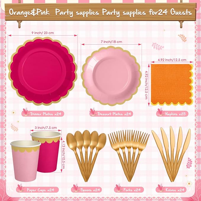 Mimorou 169 Pcs Pink and Orange Plates and Napkins Party Supplies for Guests Hot Pink Orange Tableware Include Scalloped Plates Paper Napkin Cup Spoon Fork Knife for Baby Shower, Wedding, Birthday