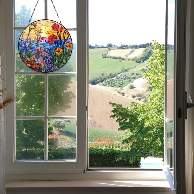 Wildflowers Sun Catcher 6'' Stained Glass Window Hanging Plant Lover Gifts for Women Wildflowers Wall Decor Handmade Sun Catcher Decoration for Garden Home Housewarming Gifts