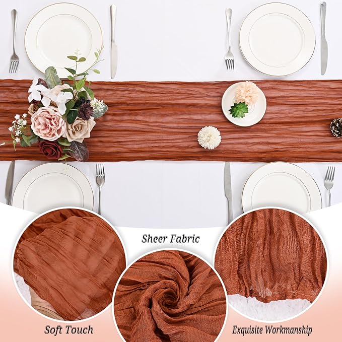 24 Pack Terracotta Cheesecloth Table Runner 120 inch Fall Thanksgiving Boho Rustic Gauze Farmhouse 10FT Cheese Cloth Runner for Baby Shower Wedding Party Holiday Home Decor