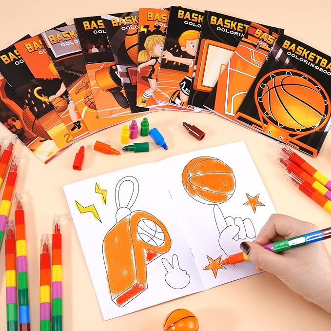 BenLouis 24 Basketball Mini Coloring Books Kids with 24 Stacking Crayons Basketball Party Favors Activity Books Bulk for Kids Sports Goodie Bag Gift Stuffer Classroom Reward