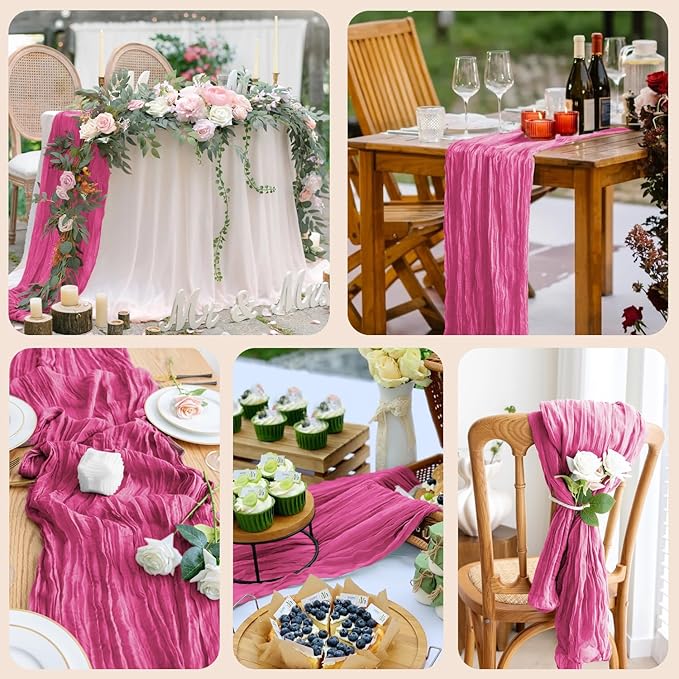 6PCS Table Runner Cheesecloth 10FT Deep Pink Boho Gauze Cheese Cloth Rustic Sheer Table Runners for Wedding Birthday Bridal Baby Shower Party Decoration