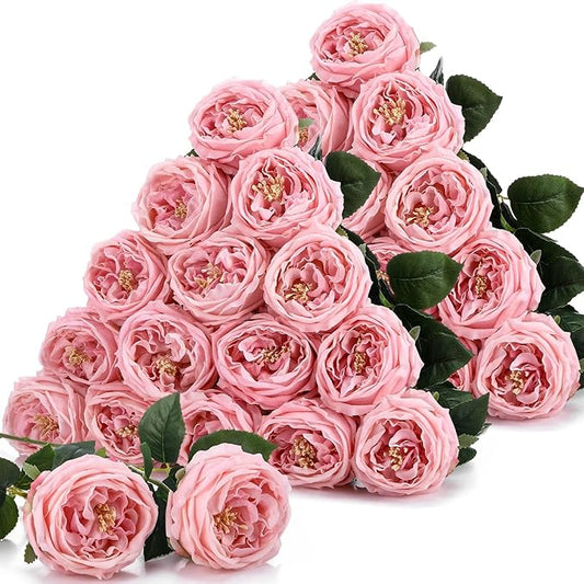 Giegxin 20 Pcs Real to Lifelike Peonies Austin Roses Artificial Flowers, Faux Look Real Long Stems Fake Flower with Big Blooms for Christmas Valentines Wedding DIY Arrangement Home Decor(Pink)