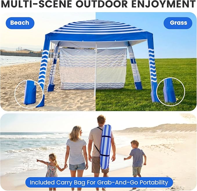 Zeraty Beach Cabana 8'×8', Portable Beach Canopy with Side Wall, UPF 50+ Silver-Coated Beach Tent Sun Shelter Easy Pop Up, Wind Resistant Adjustable Height Beach Umbrella Tent for Family, Navy Blue