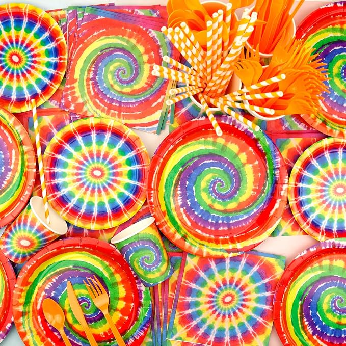 Tie Dye Birthday Party Decorations, Includes Happy Birthday Banner, Plates, Tablecloth, Cups, Balloon and Straws, for 60s Hippie Party Supplies, Serves 20 Guest