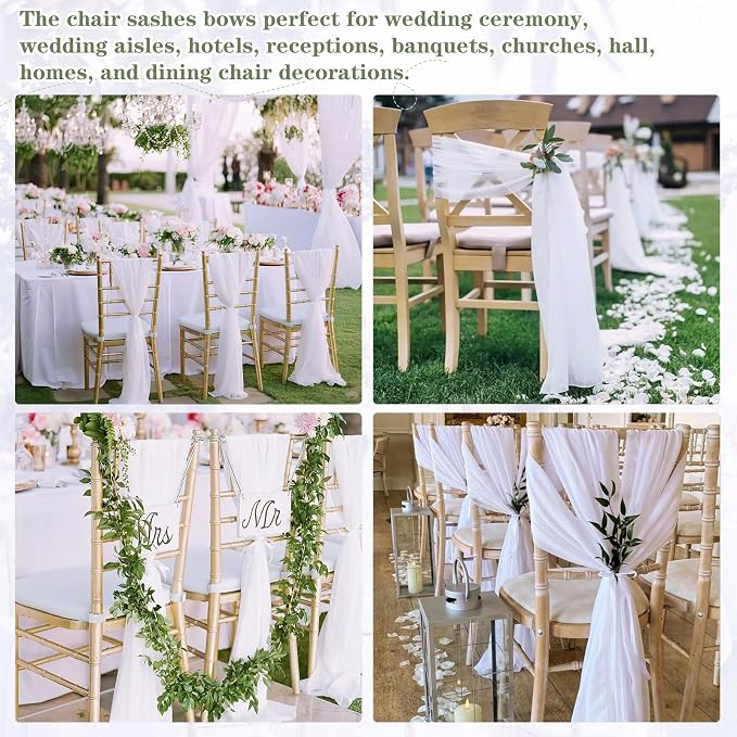 QueenDream White Chair Sashes Wedding Chair Decorations: 36 Packs 8ft Sheer Bows Designed Chairs Sashes for Baby Shower Banquet Hotel Chairs Decor