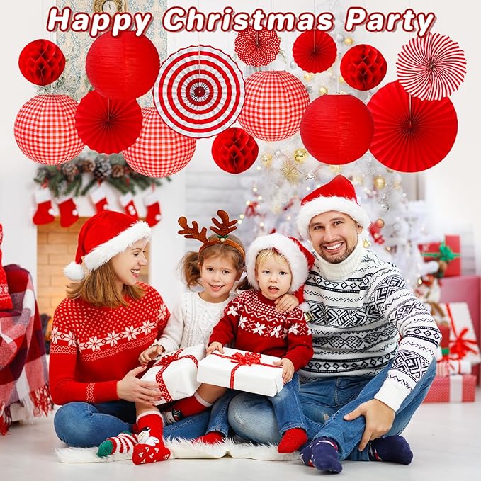 20 PCS Red Party Decorations Kit,Red and White Hanging Paper Lanterns,Round Paper Fans Honeycomb Balls for Birthday Wedding Graduation Picnic BBQ Baby Shower Pizza Party Lunar New Year Home Decor