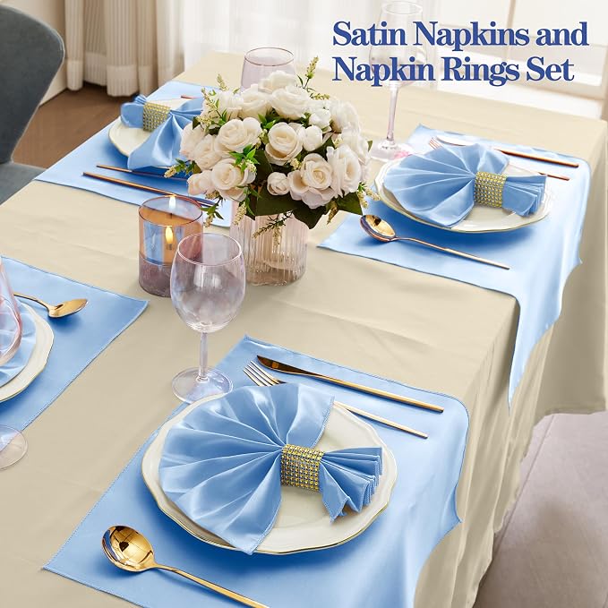 RUDONG M 100 Pcs Light Blue Satin Napkins and Napkin Rings Set, 17 x 17 Inch Square Cloth Napkins Set of 50, Silky Soft Table Napkins Bulk for Weddings, Banquet, Parties Dinner Decoration