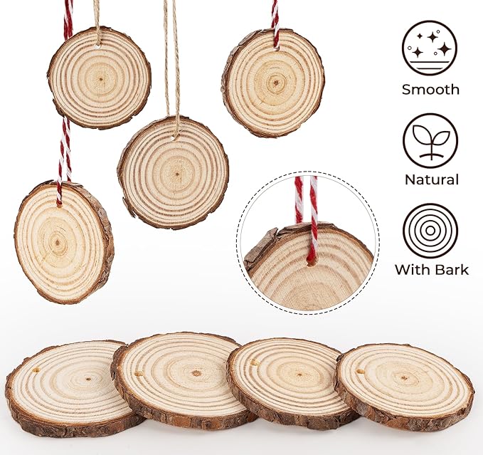 ilauke Wood Slices, 30 Pcs 2.4"-2.8" Natural Wood Rounds with Predrilled Hole, Wooden Circles with Bark, Unfinished Wood Kit for Paint DIY Ornaments Christmas Crafts Arts Wedding Decorations