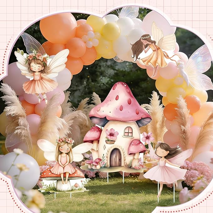 Fairy First Birthday Decoration 5PCS Floral Fairy Princess Cardboard Cutout Pink Stand Up Prop Mushroom Door Backdrop Yard Stake for Enchanted Woodland Fairytale Party Decor