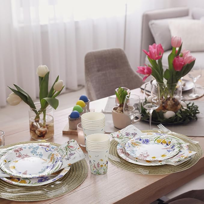 FillTouch 350 Pcs Wildflower Baby Shower Party Supplies Set Floral Bloom Disposable Paper Plates Flower Napkins Cups Knives Forks Spoons for 50 Guests Spring Summer Tea Party Birthday