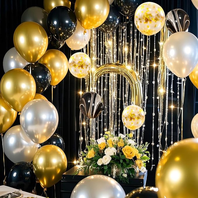 63 PCS Black Golden Birthday Party Balloons Decoration for Man Women | with Photo Backgrounds Backdrops Colth, Confetti Balloons, Happy Birthday Sign Banner Cloth