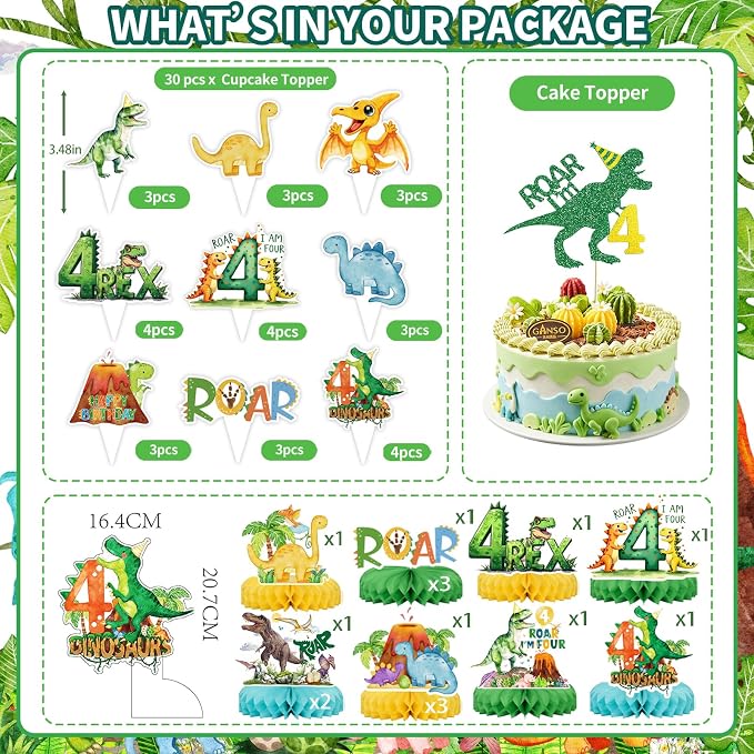 Roar I’m Four Dinosaur 4th Birthday Party Supplies Decorations for Boys Jungle T-rex 4 Rex Tableware Pre-Strung Banners Garland Honeycomb Centerpieces Talbelcoth Hanging Swirls Cupcake Topper Serve 25