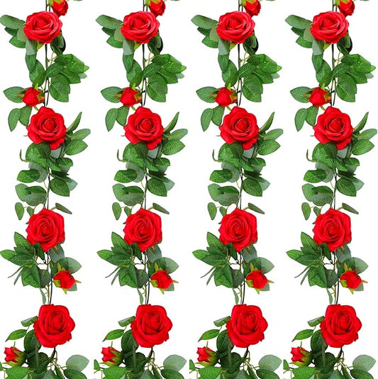 4p Red Artificial Rose Vine,Rose Garland,Pink Flower Vines for Decoration, Wedding, Garden, Wall Decoration,Backdrop,Bedroom,Birthday Party
