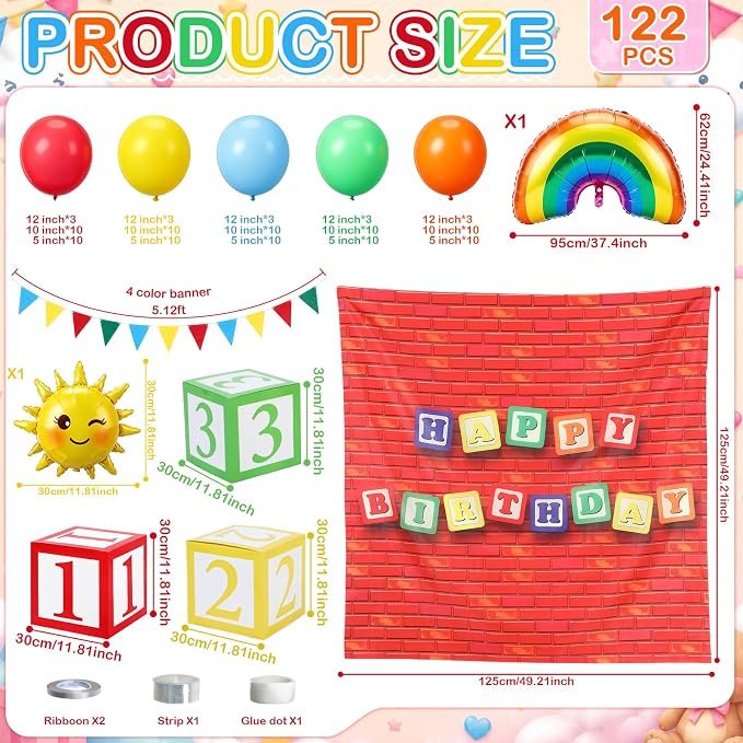 TaoBary 122 Pcs Rainbow Happy Birthday Party Decorations Kits, Friends Birthday Party Supplies, Colorful Cartoon Balloons Backdrop Banner Number Boxes for Rainbow Decoration Supplies