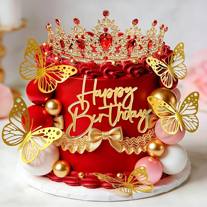 Red Queen Crown Cake Topper Gold Crown Birthday Decorations Butterfly Sign Gold Balls Cake Decorations Birthday Party Bridal Shower Decor