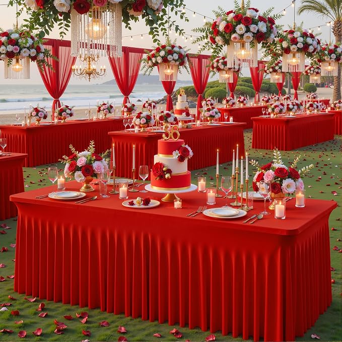 4 Pack Red Spandex Tablecloths for Rectangle Tables 6 Foot Red Stretch Table Cloth Rectangle 6ft Elastic Fitted Table Cover Fabric with Skirt for Wedding Graduation Birthday Party Banquet Buffet