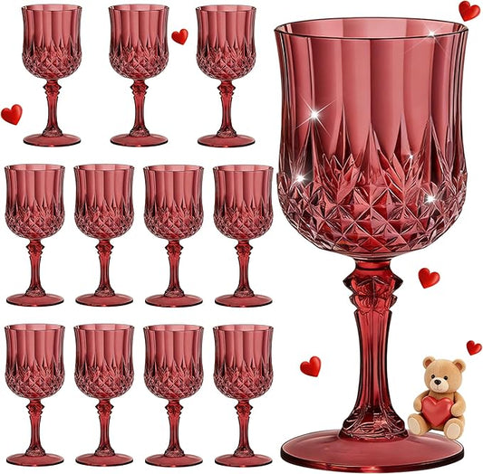 7OZ Plastic Wine Glasses, Reusable Vintage Goblets Unbreakable Drinking Glasses Crystal Water Cups Champagne for Wedding, Parties, Mother's Day (12, Burgundy)