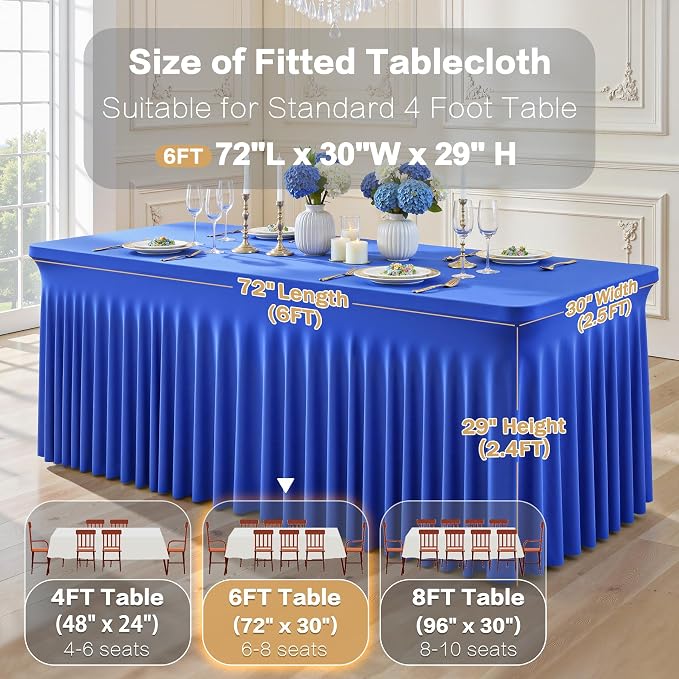 Shillance 2 Packs Royal Blue Tableclothes for 6 Foot Rectangle Table, Wrinkle Free Spandex Tablecovers 6FT Stretch Fitted Table Cloth with Skirt for Birthday Parties Graduations Event Wedding Banquet