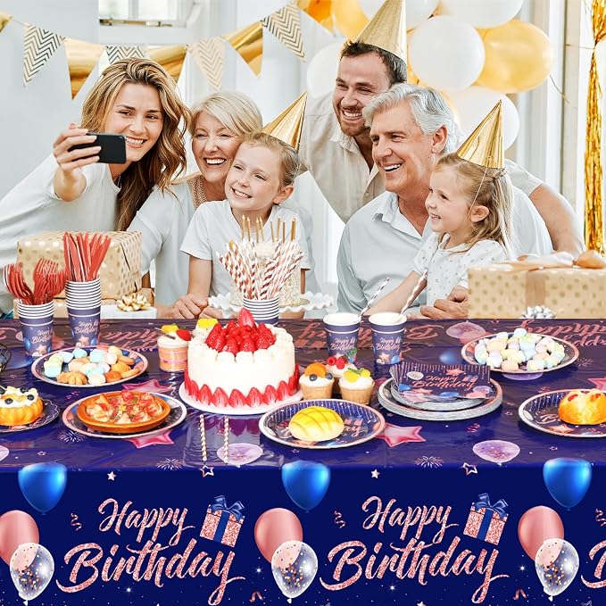 Norme 176 Pcs Navy Blue and Rose Gold Birthday Tableware Set for Women Birthday Decoration Includes Tablecloth Paper Plates Napkins Paper Cups Forks Knifes Straws for 25 Guests Party Supplies (Bright)