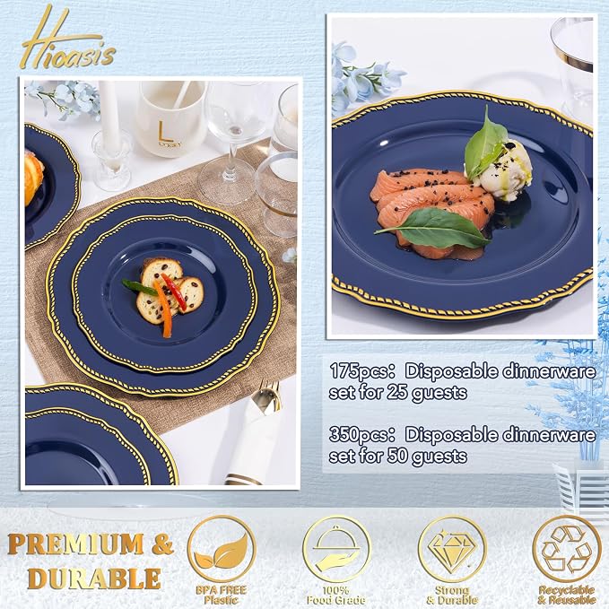 Hioasis 350pcs Blue and gold Plastic Plates - Blue Plastic Dinnerware Set Includes 50 Dinner Plates, 50 Dessert Dinnerware, 50 Cups, 50 Rolled Napkin Cutlery Perfect for Wedding & 4th ofJuly