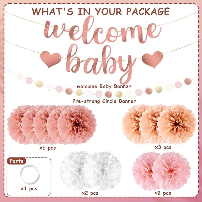 Kriyokiaa 16 Pcs Baby Shower Decorations for Girl Light Rosegold Baby Shower Decorations with Welcome Baby Banners Paper Flower Pom Poms Perfect for Indoor & Outdoor Celebrations