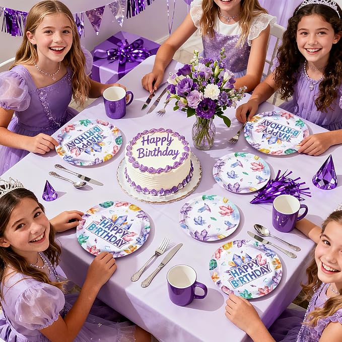 96Pcs Crystal Birthday Party Decorations Purple Gem Stone Diamond Plates and Napkins Tableware Sets Geology Crystal Theme Party Decorations for Women Girls Baby Shower Birthday Supplies Serves 24