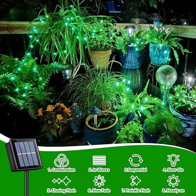 QITONG 4 Pack Solar Fairy Lights, Each 33ft 100 LED Green Halloween String Light Outdoor Waterproof, 8 Modes Silver Wire Christmas Twinkle Mini Lights