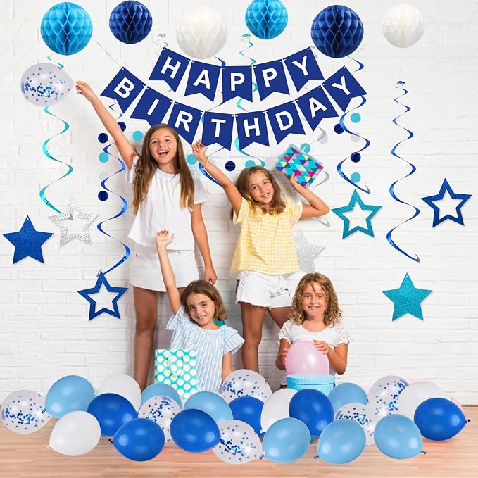 Birthday Decorations, Happy Birthday Banner, Happy Birthday Balloons, Honeycomb Balls, Star Hanging Swirls,Circle Dots Garland, Suitable for Man and Boys Birthday Decorations Prince Party (Blue)