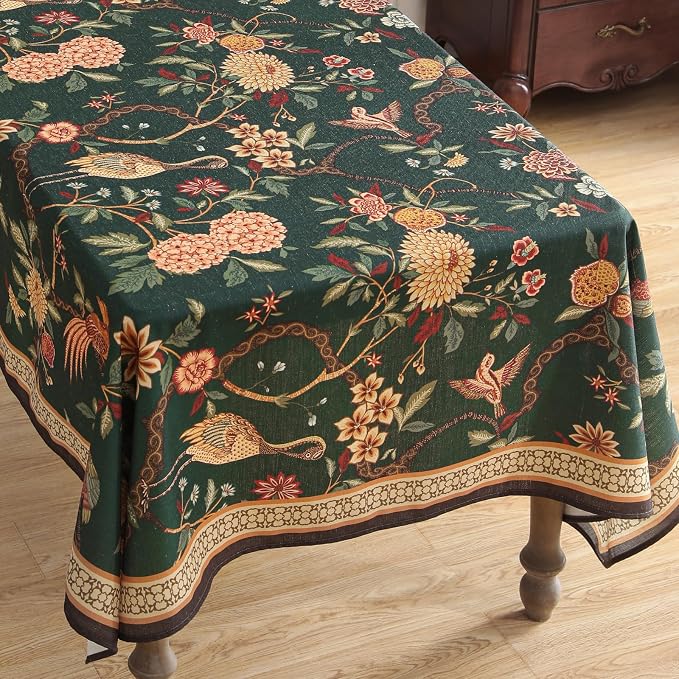 ISAENNE Designer Linen Green Rectangular Tablecloth,118"x67"-Mitchell | Vintage Elegant Long Table Cloth Rectangle Table,Floral and Bird Pattern,Dining Room,Kitchen,Tea Party,Thanksgiving,Decor