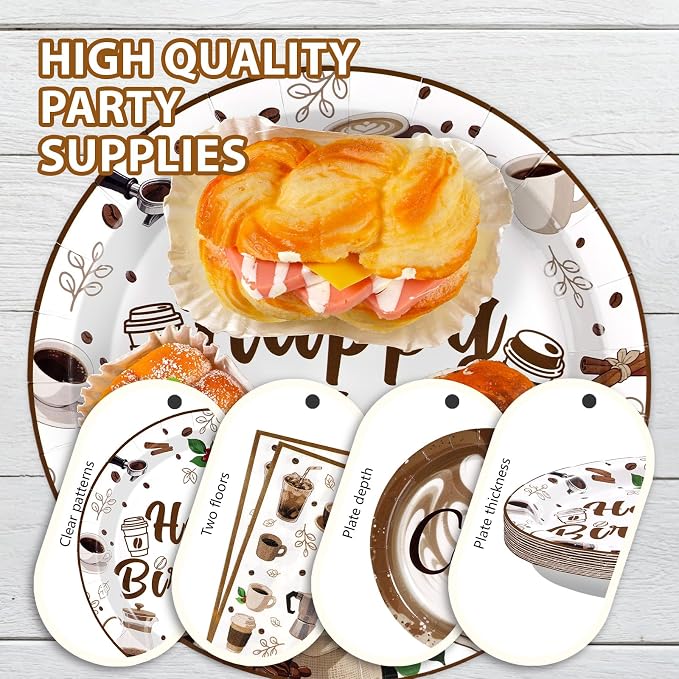 Grencian 96Pcs Brown Coffee Happy Birthday Party Decorations Supplies Coffee Theme Plates and Napkins Latte Art Disposable Tableware Set for Cappuccino Lover Adult Birthday Party Decorations Serve 24