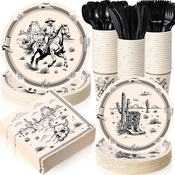 Pickmesh 400 Pcs Western Cowboy Party Plates and Napkin Decoration Wild West Rodeo Paper Tableware Cups Knives for Rodeo Bachelorette and Wild Cowboy Birthday Party Supplies Serve 50