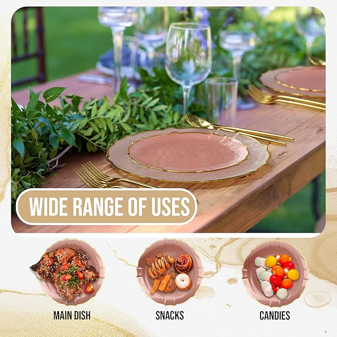 Exquisite Fancy Plastic Plates - Disposable Party Set, 80 Piece, 40X7.5 Dessert & 40X10 Thin Delicate Pink Rose Gold Rimmed