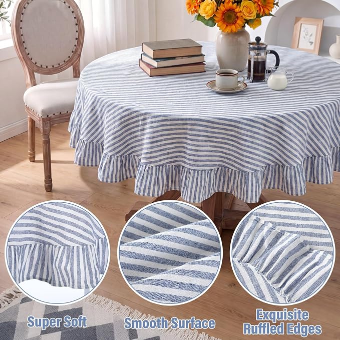 Boao Cotton 54 Inch Farmhouse Ruffle Tablecloth Blue White Striped Flounces Trim Table Cover for Round Table Kitchen Party Wedding Decor