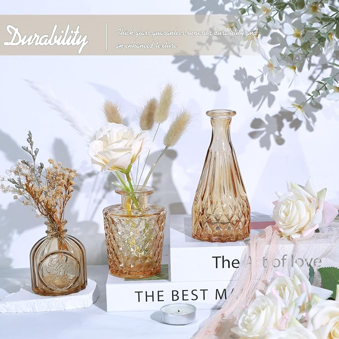 TBWIND Glass Bud Vase Set of 5, Small Amber Flower Vases for Centerpieces in Bulk, Mini Vintage Vase for Wedding Decor, Single Flowers, and Home Table Décor